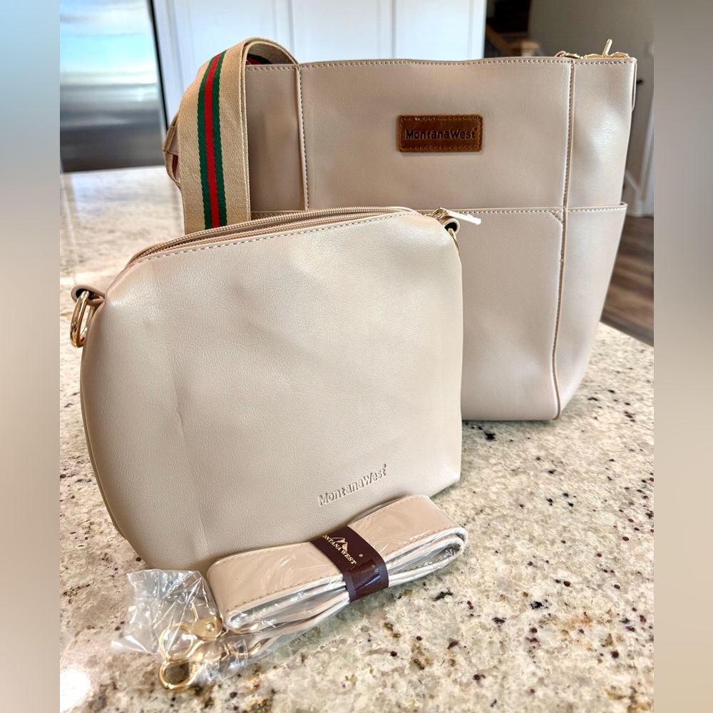 Montana West Beige Guitar Strap Women's Tote bag and Pouch Set "NEW"